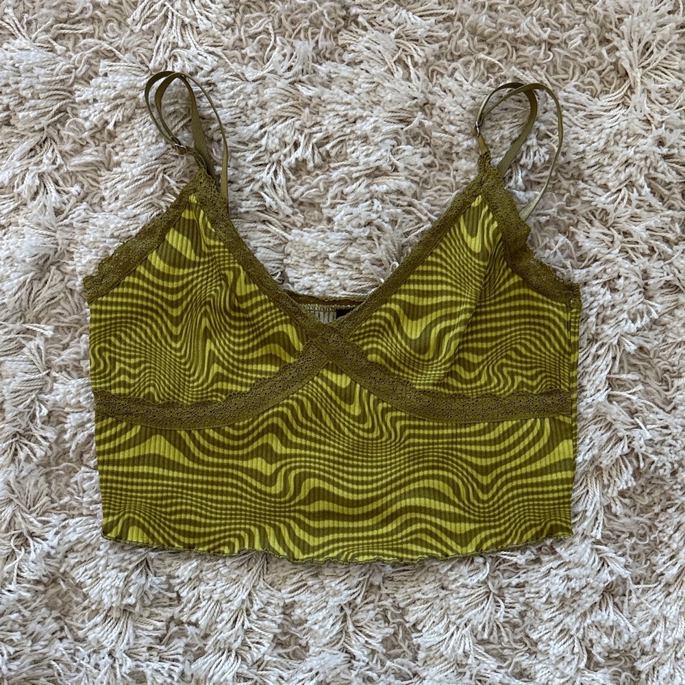 Y2K Green Swirl Crop Top with Lace trim